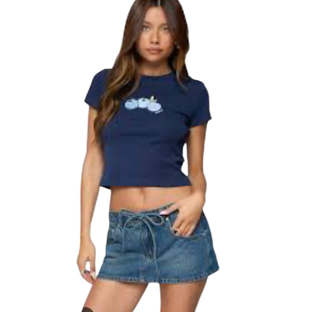 Edikted Navy Blue Blueberry Embroidered Baby Tee Cropped T-Shirt Womens XL